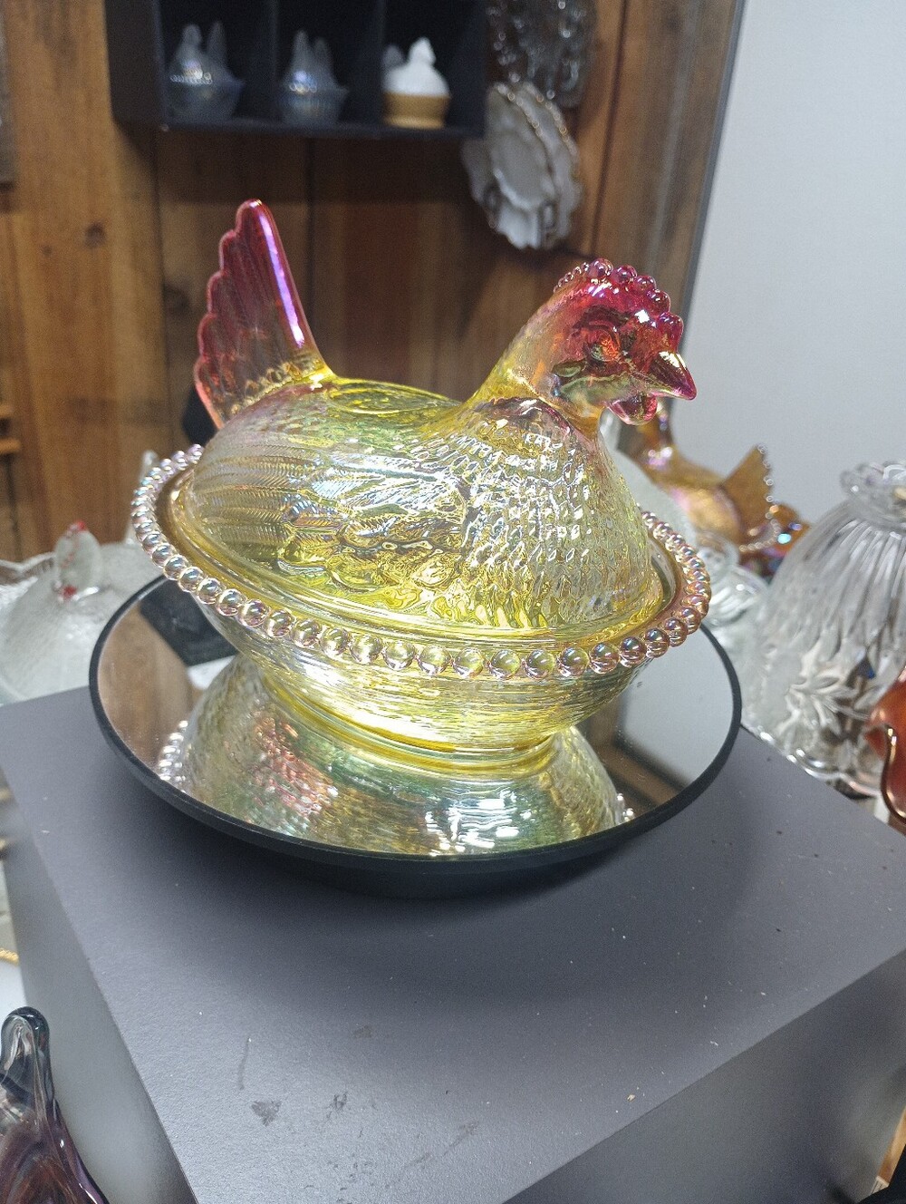 Yellow Carnival Glass Hen On Nest with Red Tips   - Vintage Style